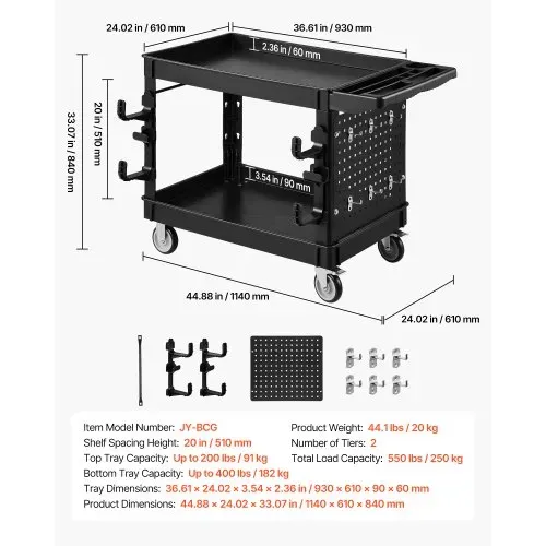 VEVOR Servicewagen Werkstattwagen Werkzeugwagen PP 1140x610x840mm Schwarz, Rollwagen mit 250kg Tragkraft, Inkl. 2 Ebene 4 Rollen Pegboard Haken Handgriff mit Ablagefach, Allzweckwagen für Werkstatt – Bild 6