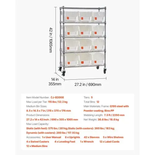 VEVOR Standregal, Lagerregal mit 5 Ebenen & 12 Stapelboxen, Regalsystem mit Rollen, mobile Werkzeugaufbewahrung für Garage, Lager, Büro, Restaurant, Klassenzimmer, Küche – Bild 6