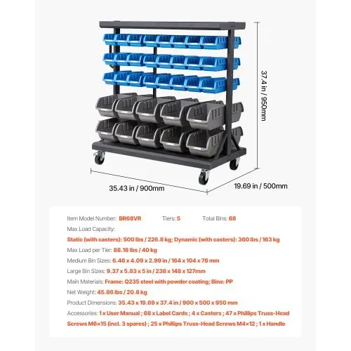 VEVOR Fahrregal mit Stapelboxen Set, Mobiles Lagerregal mit 5 Ebenen & 68 Sortimentskästen für Kleinteile in zwei Größen, 900x500x950 mm, doppelseitig, für Werkstatt, Garage, Lager & Büro – Bild 6