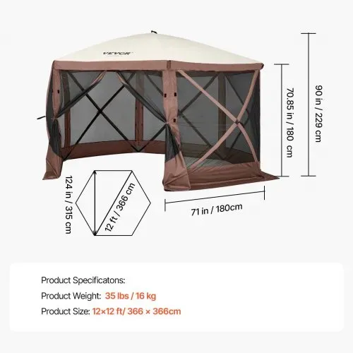 VEVOR Pavillon-Zelt, 3,6 x 3,6 m, 6-seitiges Pop-up-Camping-Überdachungszelt mit Netzfenstern, tragbarer Tragetasche, Erdnägeln, großen Schattenzelten für Camping im Freien, Rasen und Hinterhof – Bild 6
