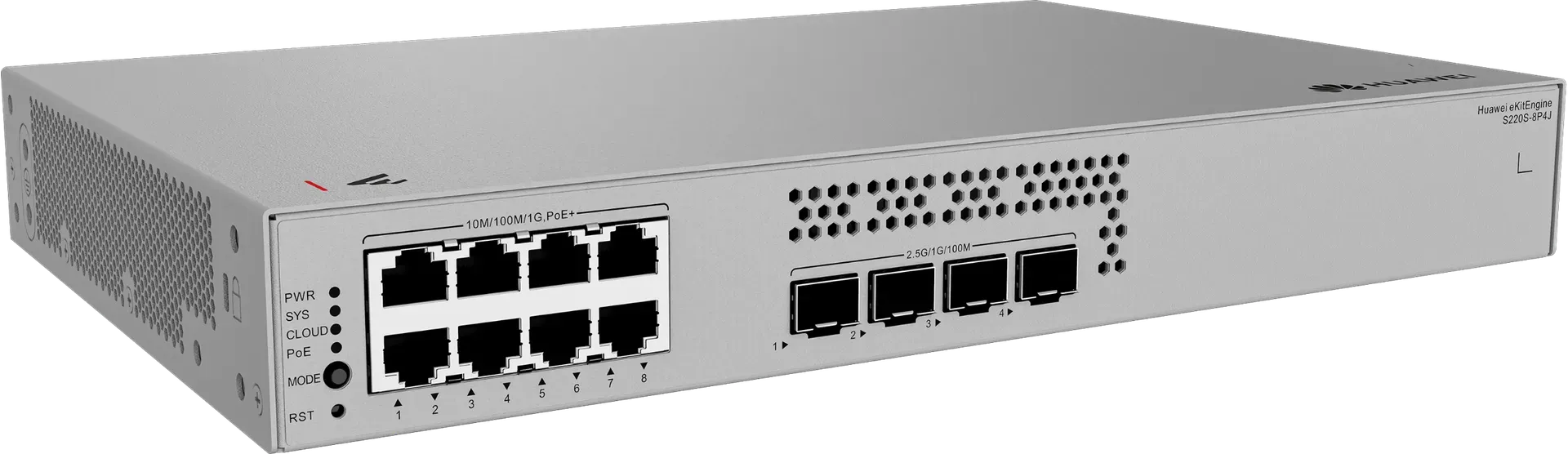 Huawei Switch full managed L2 12 Port • 8x GbE • PoE Budget 128W • 8x PoE at • 4x 2,5GbE SFP • S220S-8P4J • eKit Huawei Switch full managed L2 12 Port • 8x GbE • PoE Budget 128W • 8x PoE at • 4x 2,5GbE SFP • S220S-8P4J • eKit