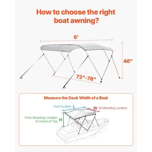 VEVOR Bimini Top Bootsabdeckung Sonnenverdeck (3 Bögen) aus 600D Polyester mit Rahmen aus Aluminiumlegierung, wasserdichte Sonnenschutz-Bootsmarkise mit Aufbewahrungstasche, 185-198 cm (B) Hellgrau – Bild 4