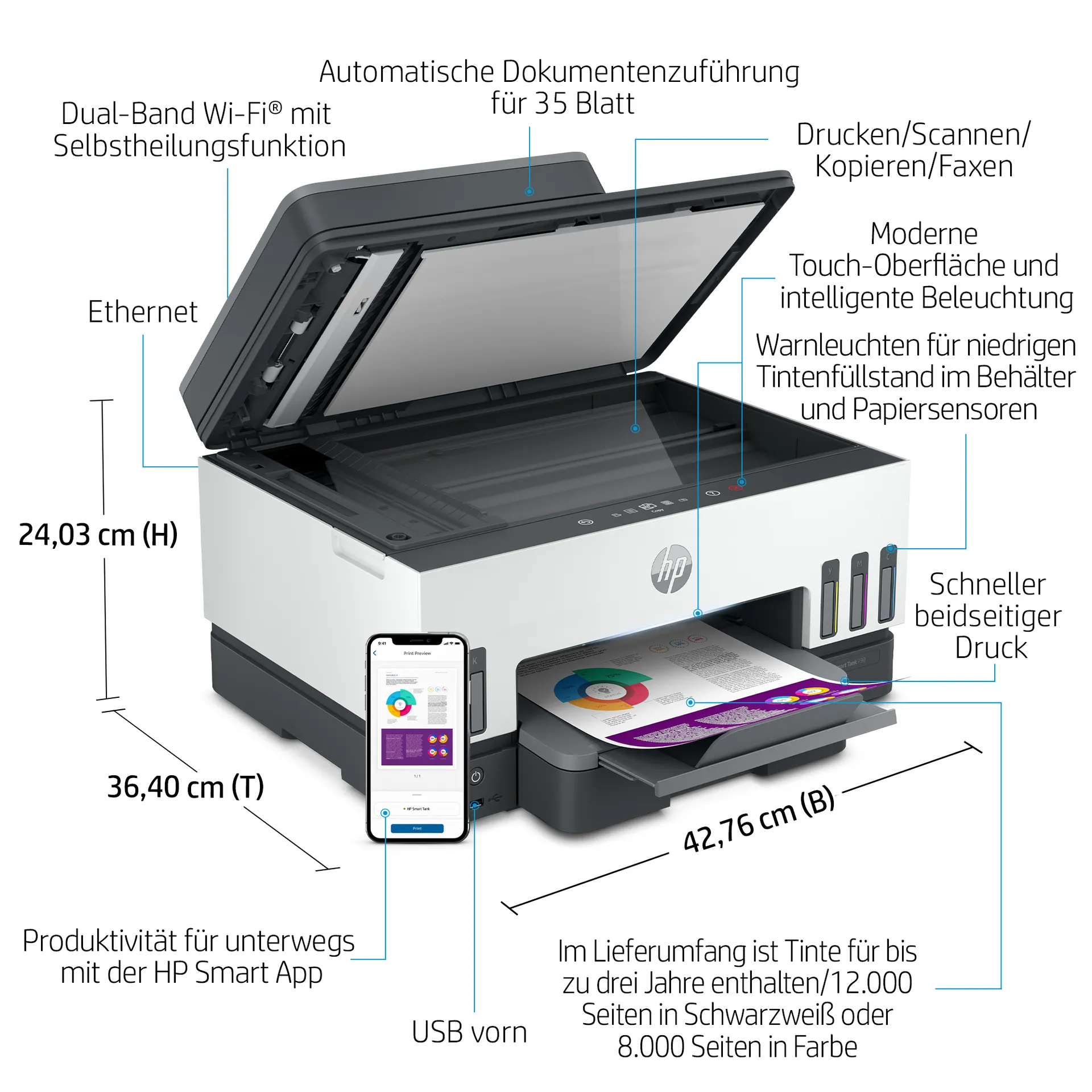 HP Smart Tank 7605 Wireless All-in-One Farbe Drucker, Beidseitiger Druck; Kopierer, Scanner – Bild 5