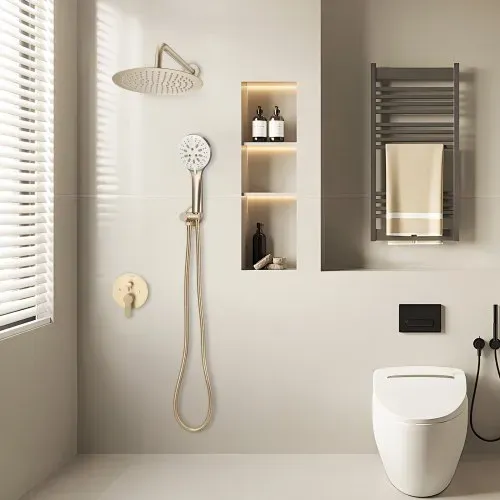 VEVOR Duscharmatur Regenduschsystem fürs Badezimmer Duschsystem mit 254 mm runden Regenduschkopf & Handbrause, wandmontierte Badezimmerarmaturen mit Messingventil & Zierset, gebürstetes Gold – Bild 7