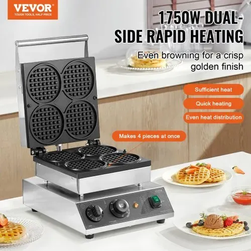 VEVOR kommerzielles Waffeleisen Waffelmaschine 1750 W antihaftbeschichtetes belgisches Waffeleisen aus Edelstahl mit Temperatur- und Zeitregelung, für Restaurant Bäckerei Snackbar 4 runde Waffeln VEVOR kommerzielles Waffeleisen Waffelmaschine 1750 W antihaftbeschichtetes belgisches Waffeleisen aus Edelstahl mit Temperatur- und Zeitregelung, für Restaurant Bäckerei Snackbar 4 runde Waffeln