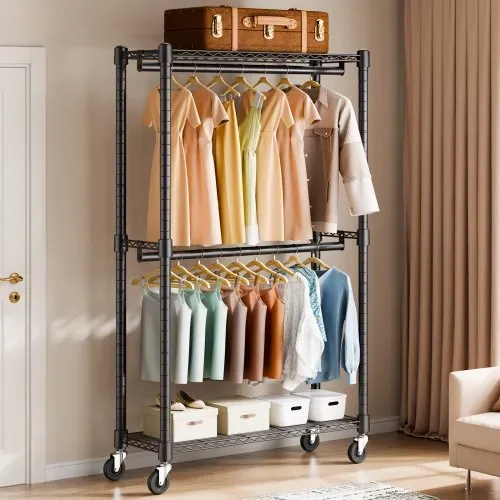 VEVOR Rollbarer Kleiderständer Garderobenständer 1 Kleiderstange, 2-lagig, 136 kg Belastbar Strapazierfähiger Rollbarer Kleiderständer für Schlafzimmer, Wäscheraum, Ankleidezimmer, Eingang usw. – Bild 7