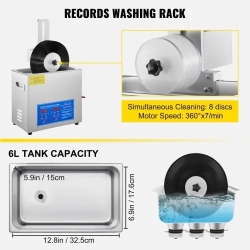 VEVOR Ultraschallreiniger Ultraschall Reinigungsgerät 6 L Ultraschall Reinigungsmaschine für Schallplatten 180 W einstellbare Zeit, Schallplattenreiniger Edelstahl 40 KHz Reinigungsgerät – Bild 5