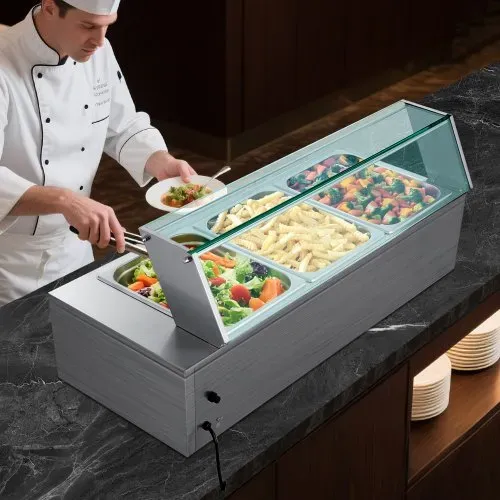 VEVOR kommerzieller Speisenwärmer (3 x 1/2 Größe Behälter), 1,5 kW elektrischer Wärmebehälter aus Edelstahl mit Glasabdeckung & Suppenkelle, Chafing Dishes für Catering Restaurant Party – Bild 7