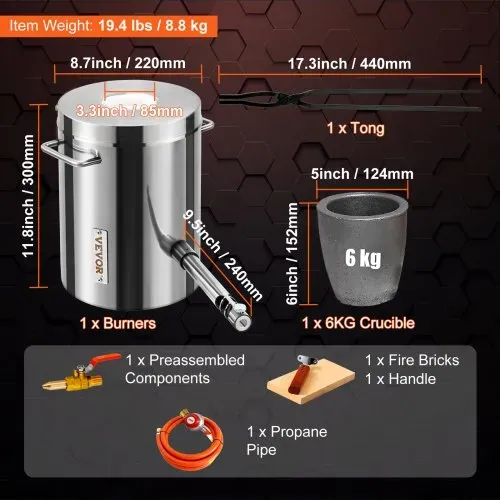 VEVOR Schmelzofen Propan Metall Schmelzofen 6 kg, Edelstahl Schmelzofen Gas 1482 ℃ inkl. 1 x Brenner, 1 x Tiegel, Schmiede Messerherstellung Schmiedeset für Kupfer, Aluminium, Gold, Silber usw. – Bild 6