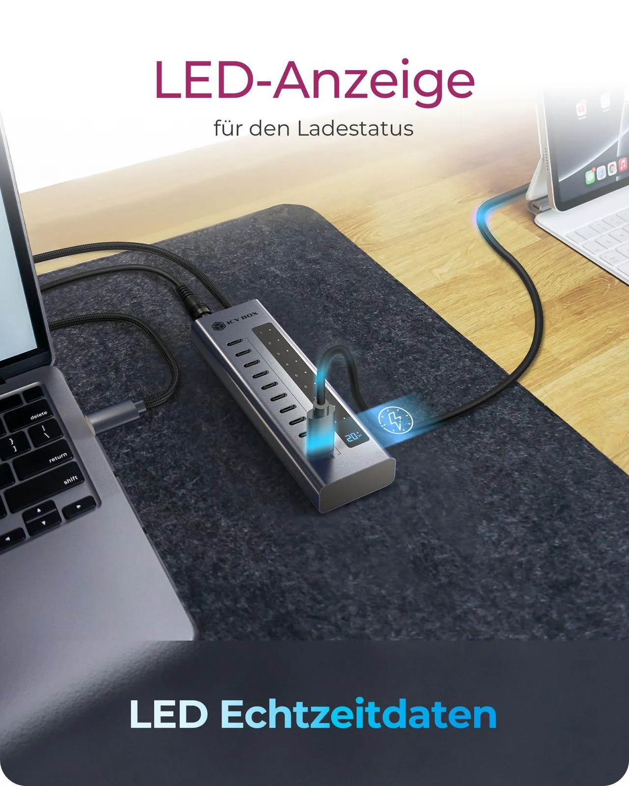 ICY BOX IB-HUB1450-C31, HUB mit 10x USB-C Ports, USB 3.2 Gen 2, 10 Gbit/s, mit 48W Netzteil, 1x PD 20W – Bild 5