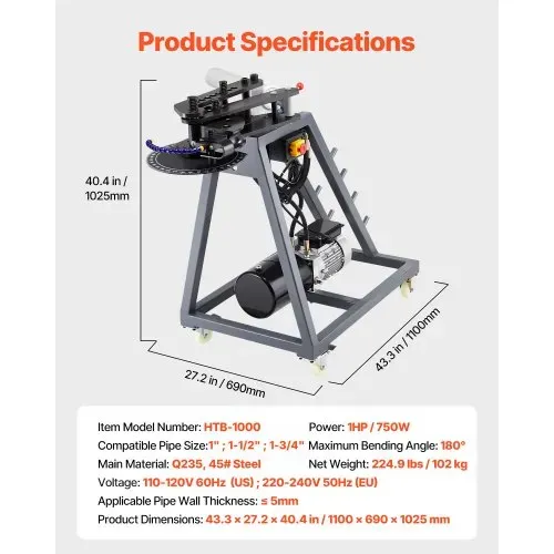 VEVOR Elektrische Rohrbiegemaschine, 750 W Rohrbieger mit 6 L Hydraulikzylinder, Rohrbiegegerät mit Rollen, 3 Matrizen & 180° max. Biegewinkel, geeignet für Rohre von 25,4 mm, 38,1 mm 44,45 mm – Bild 6