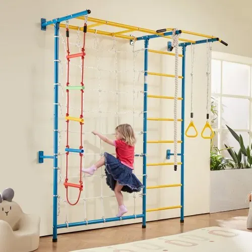 VEVOR Sprossenwand Turnwand Klettergerüst für Kleinkinder, 7-in-1-Kletterspielset mit schwedischer Leiter aus Karbonstahl, Klimmzugstange & Strickleiter & Turnringen 100 kg belastbar mehrfarbig – Bild 7