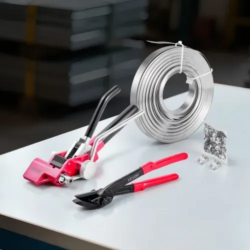 VEVOR 4 tlg Stahlband Umreifungsset, manuelle Umreifungsgerät mit 122 m Metallband, 400 Metallklammern und Schneider, pefekte Werkstattausstattung für industrielle Verpackung, Transport und Lager – Bild 7