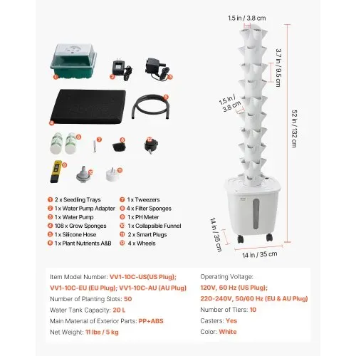 VEVOR Hydroponik-Turm, 50 Pods, Hydrotower 10 Ebenen, Hydroponik-Anbausystem-Set mit App-Steuerung, Rädern, 20-L-Wassertank & Pumpe, Hydroponic Tower für Kräuter, Obst & Gemüse im Innenbereich – Bild 6
