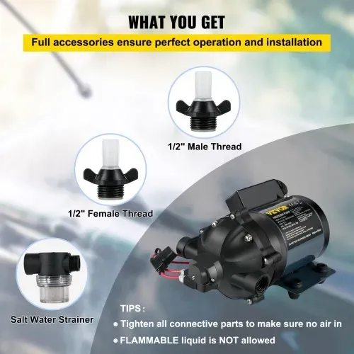 VEVOR Abwaschpumpe, 12 V DC, 7 GPM 60 PSI, max. 3 m Hebebühne selbstansaugende Wasserpumpe, mit EPDM-Ventil, Universal-Salzwassersieb & Innengewinde, für Wohnmobil, Marine Deck, Yacht – Bild 5