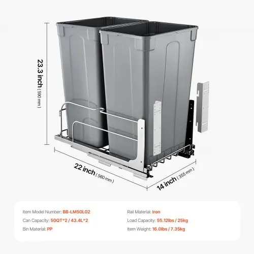 VEVOR ausziehbarer Abfallbehälter (50 Qt x2), doppelter Unterbau-Küchenabfallbehälter, Mülleimer mit Türsatz & Soft-Close-Schieberegler, für Küchenschrank Spüle unter der Theke (grau) – Bild 6