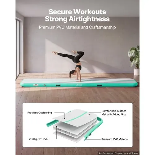 VEVOR Aufblasbare Gymnastikmatte 400x100x10 cm Airtrack-Turnmatte für Training, Wettkampfsport & Yoga, mit Rutschfester Oberfläche, 600-W-Elektroluftpumpe, Reparaturflicken, Düsen & Tasche, Mintgrün – Bild 2