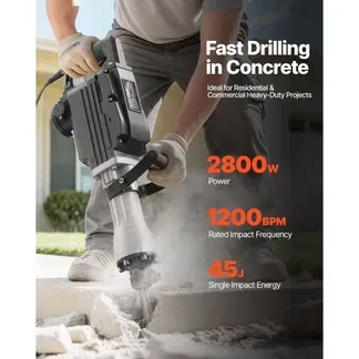 VEVOR Abbruchhammer elektrischer Betonhammer 2800 W, 1200 BPM Presslufthammer mit 3 Meißeln & einem Lehmspaten & Handschuhe & Schutzbrille, für Beton Wände Ziegel Fliesen Fundamente Schwarz VEVOR Abbruchhammer elektrischer Betonhammer 2800 W, 1200 BPM Presslufthammer mit 3 Meißeln & einem Lehmspaten & Handschuhe & Schutzbrille, für Beton Wände Ziegel Fliesen Fundamente Schwarz