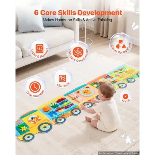 VEVOR Montessori Busy Board 14-in-1 Faltbares Wandmotorikbrett Zugthema, Aktivitätsbrett zur Bildung & Frühe Entwicklung für Kinder, Filzstoff, mit Buchstaben Früchten, Gemüse Uhr & Lernelementen – Bild 2