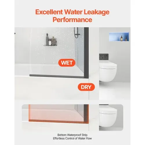 VEVOR rahmenlose Badewannen Duschtür (864 x 1397 mm / B x H) halbe platzsparende Duschtür für Badewanne, 180° drehbare Tür aus gehärtetem Glas, Duschglastür (6 mm Glasdicke), Schwarz – Bild 4