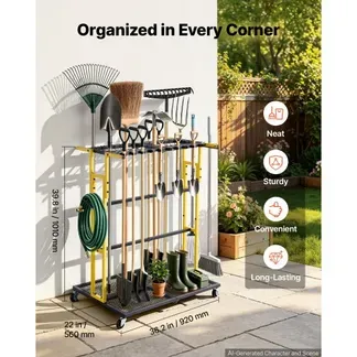 VEVOR Gartengeräte Ständer 920x560x1010mm Gerätehalter mit Rollen Schwarz, Aufbewahrungsregal für Garage Schuppen Garten, Organizer aus Stahl für Besen Mopp Rechen, 2-in-1 mit Schlitze & Klemmsystem VEVOR Gartengeräte Ständer 920x560x1010mm Gerätehalter mit Rollen Schwarz, Aufbewahrungsregal für Garage Schuppen Garten, Organizer aus Stahl für Besen Mopp Rechen, 2-in-1 mit Schlitze & Klemmsystem