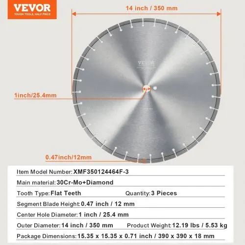 VEVOR 3 Stk. Diamantsägeblatt Betonsägeblatt 35 cm für Nass- oder Trockenarbeiten, 12 mm Diamantsegmentsägeblatt mit flachen Zähnen, Mittellochdurchmesser 25,4 mm, für Beton, Zementplatten, Fliesen – Bild 6