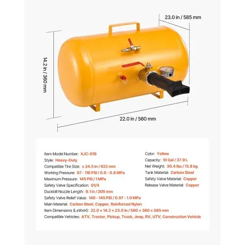 VEVOR Luftreifen Perlensitzer Luftreifenperlen Sitzer 37,9 L Reifenwulst Blaster Werkzeug, 0,6–0,8 MPa Betriebsdruck, Luftauslöser-Sitzpumpe für Pickup Truck ATV Jeep Traktor Lkw UTV Gelb – Bild 6