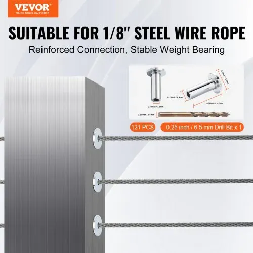 VEVOR 121er-Pack T316-Edelstahl-Schutzhülsen für 0,3175 cm Drahtseilkabel VEVOR 121er-Pack T316-Edelstahl-Schutzhülsen für 0,3175 cm Drahtseilkabel
