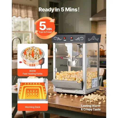 VEVOR Popcornmaschine mit Edelstahlkessel, 800 W kommerzieller Popcornmaker, 48 Tassen pro Ladung, Kinostil, mit 2-Tasten-Bedienung, Glaswand, PC-Tür, 1 Portionierer, 3 Löffel, Schwarz – Bild 3