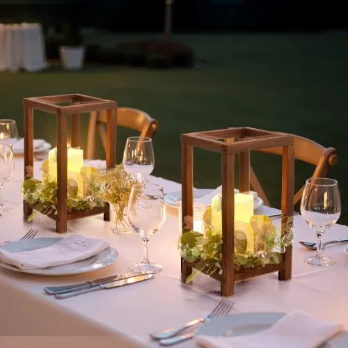 VEVOR 12er-Set, Holzlaternen, inklusive 12 Holzlaternen-Kerzenhaltern, 12 flammenlosen LED-Kerzen, 12 Eukalyptusblätter-Kranz für Hochzeitstisch, Party, Bauernhaus-Dekoration, Braun – Bild 7