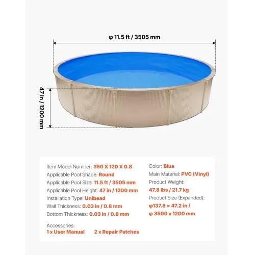 VEVOR Poolinnenfolie 3,5 m, Poolfolie für 120 cm Wandhöhe, Ersatzfolie aus PVC, Innenhülle 0,8 mm Stärke, Schwimmbadfolie UniBead, Austauschfolie, Geeignet für Oberirdische Pools, Blau – Bild 6