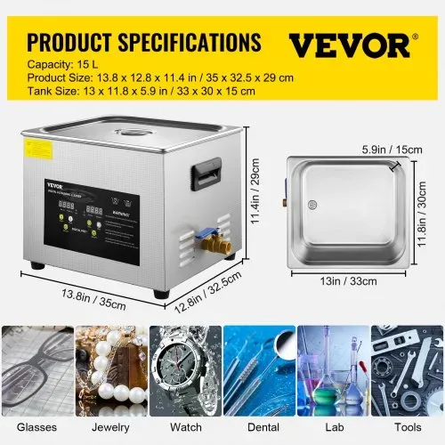 VEVOR 15 L Ultraschallreiniger (600 W Heizung, 360 W Ultraschall) Professioneller digitaler Labor-Ultraschall-Teilereiniger mit Heizungstimer für die Reinigung von Glaszahninstrumenten – Bild 6