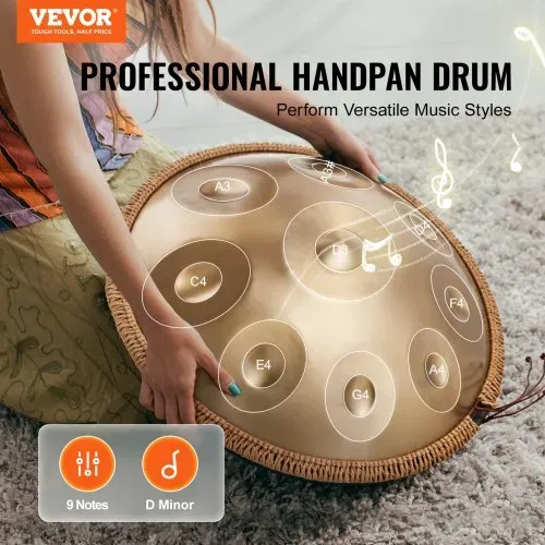 VEVOR Handpan, 55 cm, 9 Noten, D-Moll-Handtrommel, Drum-Instrument mit Schlägeln, 440-Hz-Handpan-Ständer & Tragetasche, Heilende Klangtrommel aus Stahl, Schlaginstrumente für Erwachsene & Anfänger VEVOR Handpan, 55 cm, 9 Noten, D-Moll-Handtrommel, Drum-Instrument mit Schlägeln, 440-Hz-Handpan-Ständer & Tragetasche, Heilende Klangtrommel aus Stahl, Schlaginstrumente für Erwachsene & Anfänger