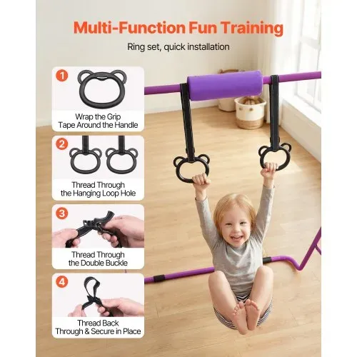 VEVOR Gymnastikstange für Kinder mit 63,5 kg Tragkraft, Klappbares Turnreck mit Turnringen, Höhenverstellbare Turnstange für Indoor- und Outdoor-Training, Heimtrainingsgerät für Kinderturnen, Lila – Bild 3