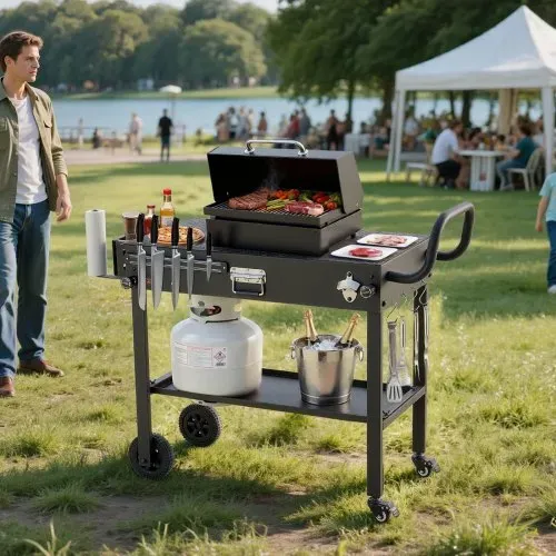 VEVOR Grillwagen Outdoor 787x432 mm (Tischplattengröße), Klappbarer Grilltisch mit Taschentuchhalter & Rädern & magnetischer Werkzeugablage, Grillvorbereitungstisch Servierwagen für Picknick Küche – Bild 7