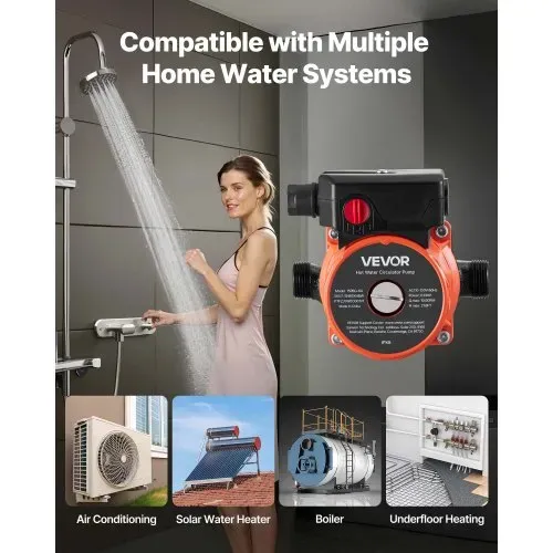 VEVOR Umwälzpumpe, 38 LPM, Umwälzpumpensystem mit sofortiger Zirkulation, 3-Gang-Steuerung, 100 W, AC 220–240 V, G3/4 Zoll auf G1/2 Zoll Adapter, Gusseisenkopf, für Warmwasserbereitersystem – Bild 3
