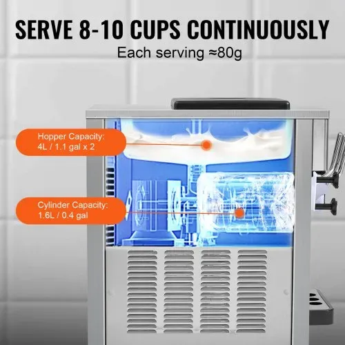 VEVOR Kommerzielle Eismaschine, 1800 W, 3-Geschmacksrichtungen, Softeismaschine Arbeitsplatte, 2 x 4 L Trichter, 2 x 1,8 L Zylinder, LCD-Bildschirm, Automatische Reinigung, Vorkühlung – Bild 3