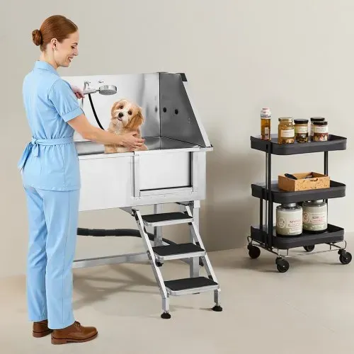 VEVOR Hundewaschstation aus Edelstahl, 961x620x1220 mm Tierpflegewanne mit Ablagetreppe, Wasserhahn, Duschkopf & Seifenhalter, für große, mittelgroße & kleine Haustiere (rechte Tür) – Bild 7