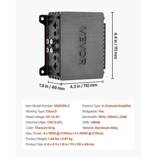 VEVOR Autoverstärker 4-Kanal, Endstufe Klasse D Überbrückbar, Max. 4 x 110 W an 4 Ohm / 4 x 160 W an 2 Ohm, Hochleistungsverstärker für SUVs Pickups Geländewagen Mehrkanal-Audioverstärker – Bild 6