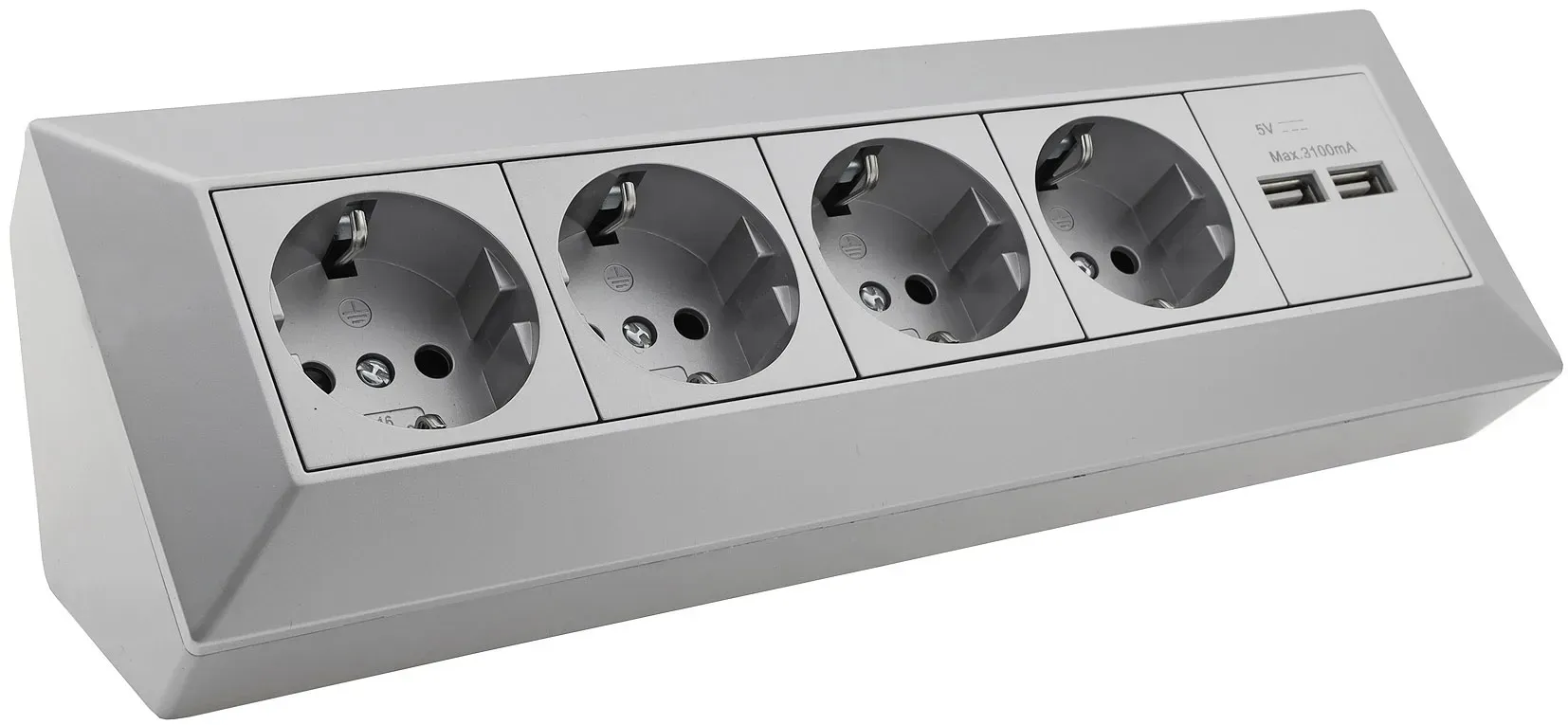 4-fach Steckdosenblock + 2x USB, silber 250V~/ 16A, Aufbaumontage, USB 3,1A 4-fach Steckdosenblock + 2x USB, silber 250V~/ 16A, Aufbaumontage, USB 3,1A