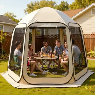 VEVOR Pop up Zelt, 3304,8×280,4 cm, Campingzelt für 4–8 Personen, Partyzelt inklusive Tragetasche, Seitenwänden aus Netz und Heringen, für Garten, Terrasse und Outdoor-Aktivitäten, Beige VEVOR Pop up Zelt, 3304,8×280,4 cm, Campingzelt für 4–8 Personen, Partyzelt inklusive Tragetasche, Seitenwänden aus Netz und Heringen, für Garten, Terrasse und Outdoor-Aktivitäten, Beige