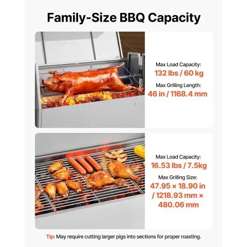 VEVOR Lammgrill 38 W 60 kg 1168,4 mm Drehspieß Spanferkelgrill Edelstahl für Garten und Terrasse, 4 Höhenstufen, Feststellbare Räder, mit Grillzange Faltbarem Deckelschutz Bürsten und Gewürzbehälter – Bild 2