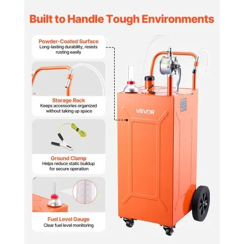 VEVOR 132,5L Kraftstofftrolley Mobile Tankanlage mit Manueller Pumpe Orange, Kohlenstoffstahl, Inkl. 4 Rolle & 3m Förderschlauch, Max. 17,8L/min Durchfluss, Benzin & Diesel, Ideal für ATV UTV Motorrad – Bild 5