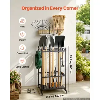 VEVOR Gartengeräte Ständer 440x405x760mm Gerätehalter aus Metall Schwarz, Aufbewahrungsregal für Garage Schuppen Garten, Organizer für Besen Mopp, mit Doppelschichtschlitzen 4 Haken & Nivellierfüßen VEVOR Gartengeräte Ständer 440x405x760mm Gerätehalter aus Metall Schwarz, Aufbewahrungsregal für Garage Schuppen Garten, Organizer für Besen Mopp, mit Doppelschichtschlitzen 4 Haken & Nivellierfüßen