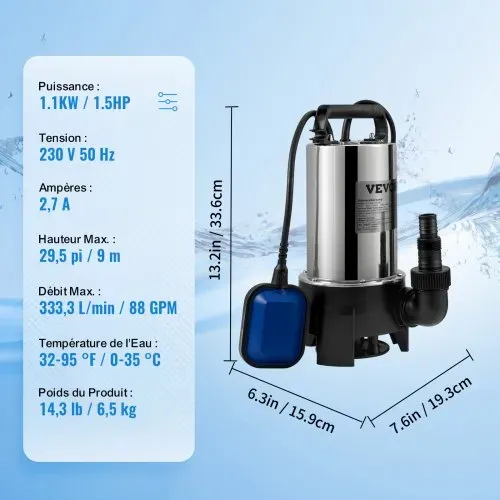 VEVOR Tauchpumpe 1100W Schmutzwasserpumpe 230V Gartenpumpe Durchfluss 333,3L/min Schmutzwassertauchpumpe IPX8 Auslass zuschneidbar zum Pumpen von Wasser aus Schwimmbädern Teichen – Bild 6