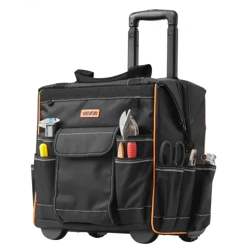 VEVOR Werkzeugtasche mit Rollen, 50 kg Tragkraft, 25 Taschen, Arbeitsrucksack, verstellbarer Teleskopgriff & stabiler Standfuß, Werkzeugtaschen-Organizer für Bau, Mechanik, 390x290x420 mm – Bild 9