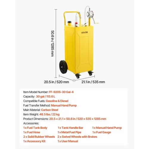 VEVOR 113,6L Kraftstofftrolley Mobile Tankanlage mit Manueller Pumpe Gelb, Tragbarer Kraftstoffkanister für Auto Rasenmäher Boot, Mit 4 Rollen & Ölstandsanzeige, Für Benzin & Diesel, Kohlenstoffstahl – Bild 6
