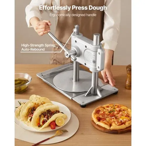 VEVOR manuelle Pizzateigpresse 241,3 mm Gebäck-Pressplatte, Brotpresse aus Edelstahl, kommerzieller Chapati Presse, 5 mm Dicke Formmaschine mit Griff & 100 Stk. Pergamentpapier, Pizza-Teigrolle – Bild 2