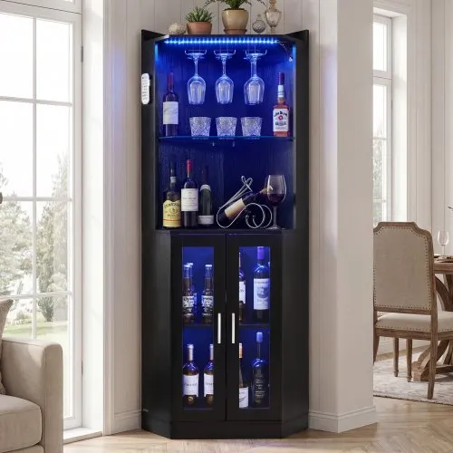 VEVOR Eckbarschrank mit LED-Beleuchtung (Dimmbar), Weinschrank mit Glashalter und Weinregal, Eckschrank mit Kippschutz, Eckbar für Wohnzimmer, Esszimmer und Küche, 50 x 50 x 170 cm Schwarz VEVOR Eckbarschrank mit LED-Beleuchtung (Dimmbar), Weinschrank mit Glashalter und Weinregal, Eckschrank mit Kippschutz, Eckbar für Wohnzimmer, Esszimmer und Küche, 50 x 50 x 170 cm Schwarz