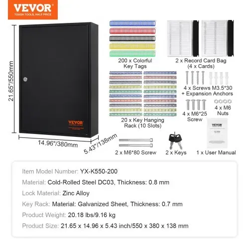 VEVOR Schlüsselschrank Schlüsselkasten 200 Schlüssel, Schwarz Schlüsselbox Schlüsseltresor Einstellbar, Abschließbarer Schlüsselschrank mit 20 Schlüsselhaltern, 2 Schlüsseln & 4 Karteikarten – Bild 6